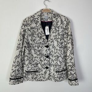 Chico's Linen Embroidered Blazer Jacket Cream Black Beaded Button‎ Sz 2 US Large